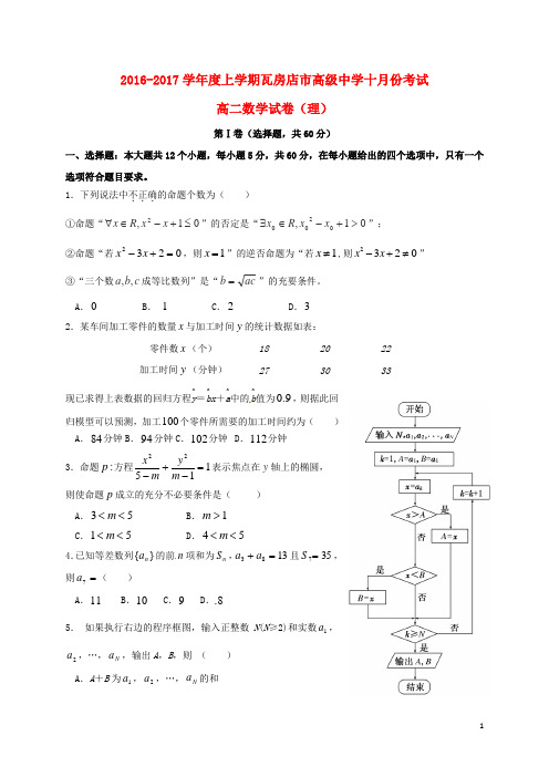 辽宁省瓦房店市高级中学学年高二数学10月月考试题理