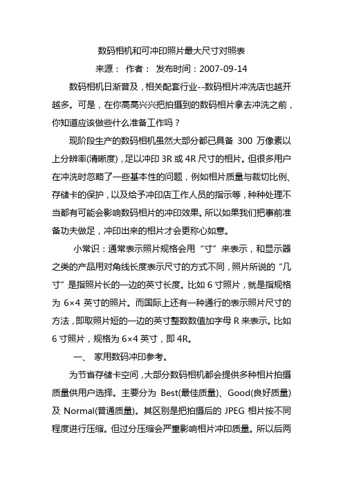 数码相机和可冲印照片最大尺寸对照表