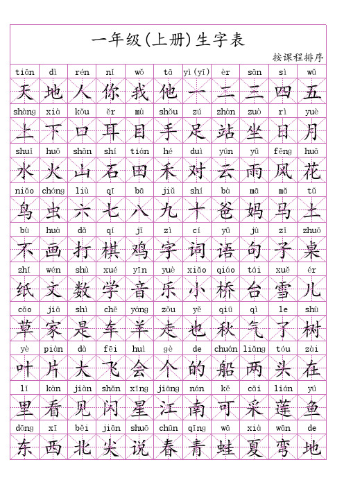 一年级上册生字表带拼音认字,田字格练字PDF打印