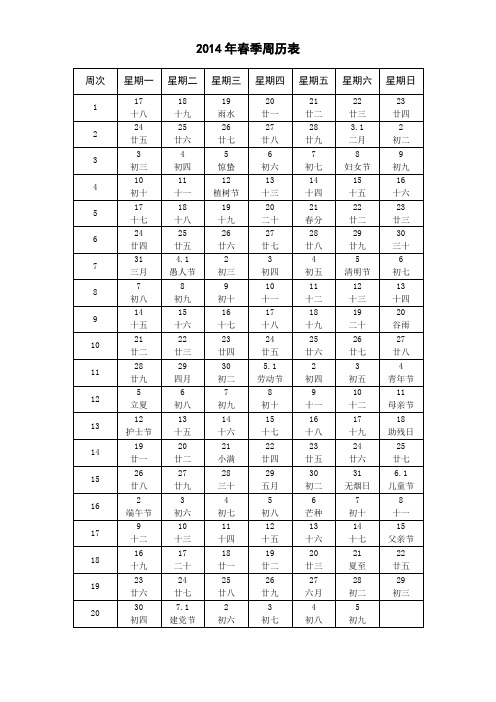 2014年春季周历表1