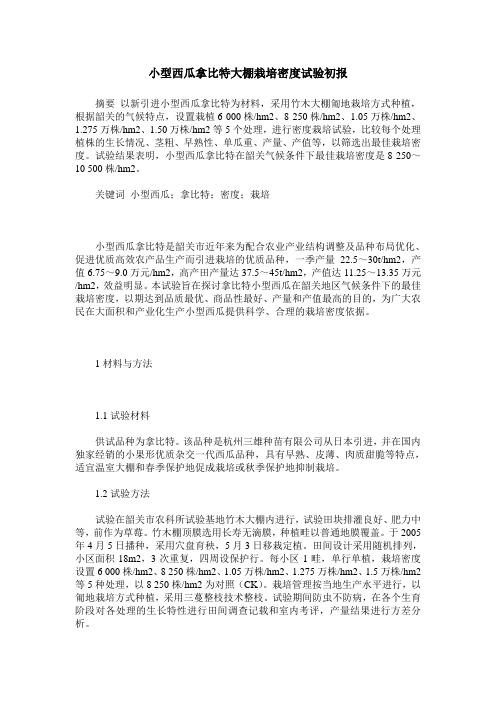 小型西瓜拿比特大棚栽培密度试验初报