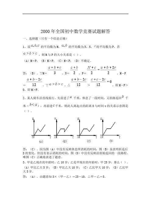 2000年全国初中数学竞赛历年竞赛试题及参考答案