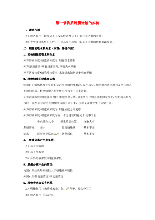 高中生物 第四章 细胞的物质输入和输出 物质跨膜运输的实例知识点归纳 新人教版必修1