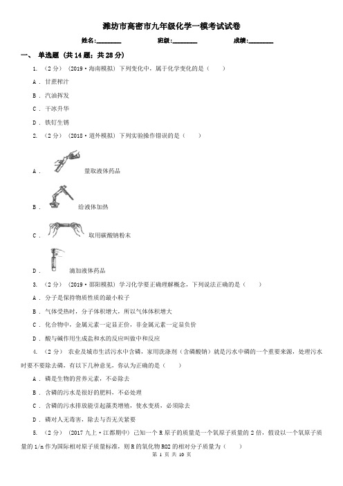 潍坊市高密市九年级化学一模考试试卷