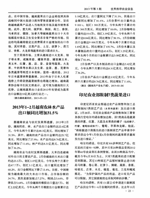 2013年1—2月越南农林水产品出口额同比增加31.5%