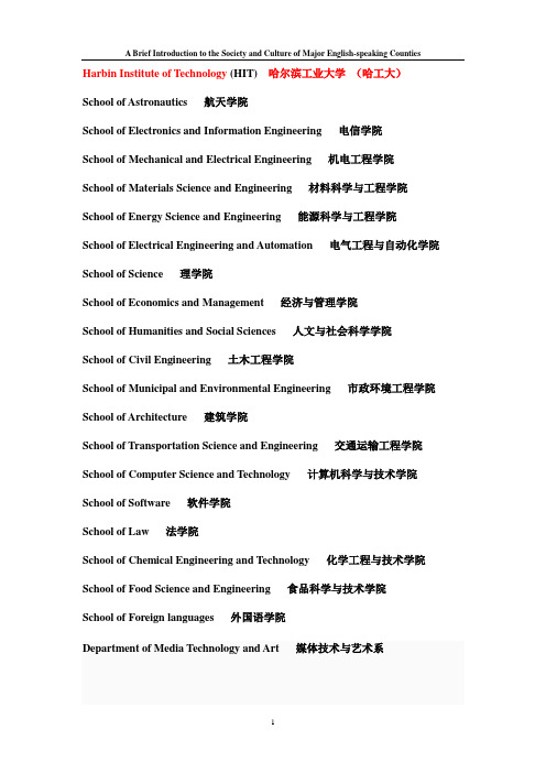 哈尔滨工业大学各学院英文名称 HIT