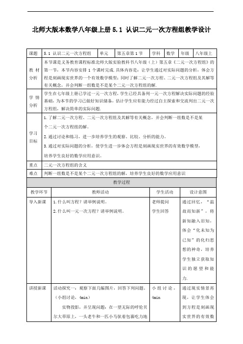 北师大版八年级数学上册5.1认识二元一次方程组教案