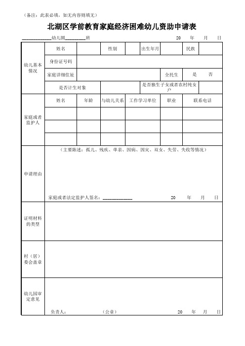 学前教育家庭经济困难幼儿资助申请表