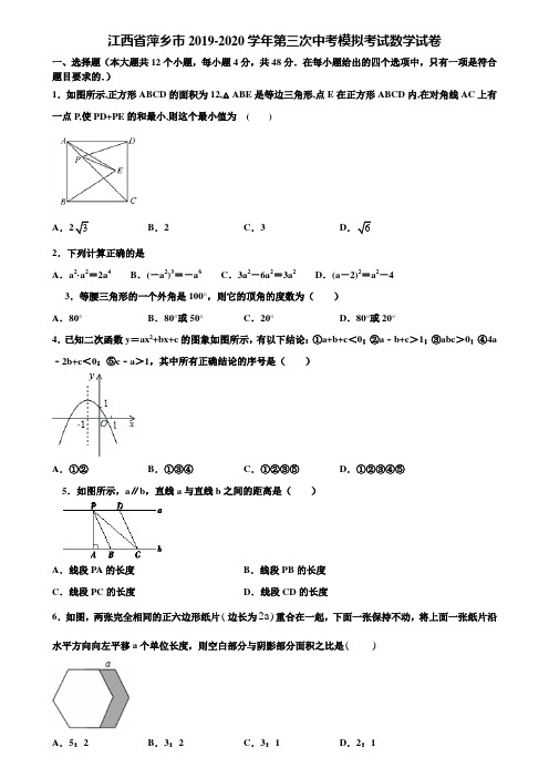 江西省萍乡市2019-2020学年第三次中考模拟考试数学试卷含解析