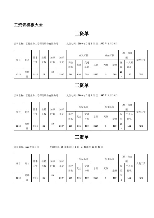 工资表模板大全