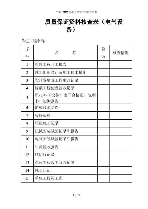 平地10KV变电所安装工程竣工资料