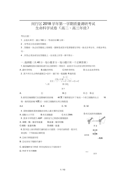 2018学年闵行区高二高三等级性考试生命科学一模(含答案)
