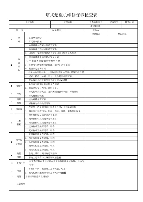 塔式起重机维修保养检查表