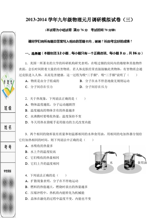 2013-2014学年九年级物理元月调研模拟试卷(三)