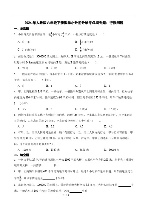 2024年人教版六年级下册数学小升初分班考必刷专题：行程问题