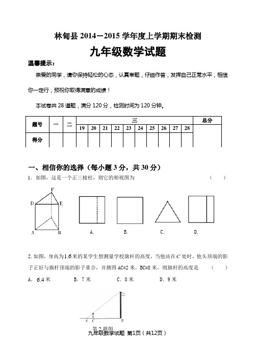 黑龙江省大庆市林甸县2014-2015学年度九年级数学上期末检测试题及答案