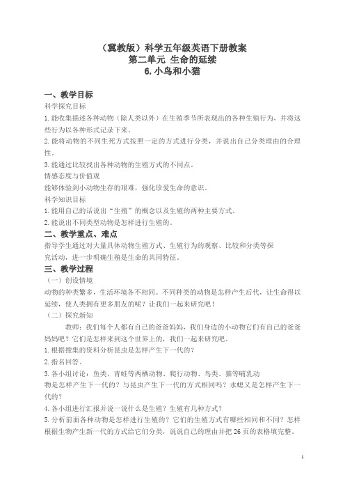 冀教小学科学五下册《6小鸟和小猫》word教案 (1)