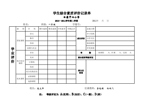 学生综合素质评价记录单