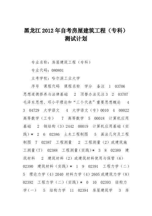 黑龙江2012年自考房屋建筑工程(专科)测试计划