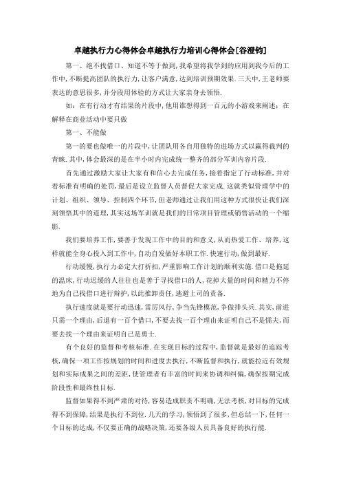 卓越执行力心得体会 卓越执行力培训心得体会[谷澄钧] 精品