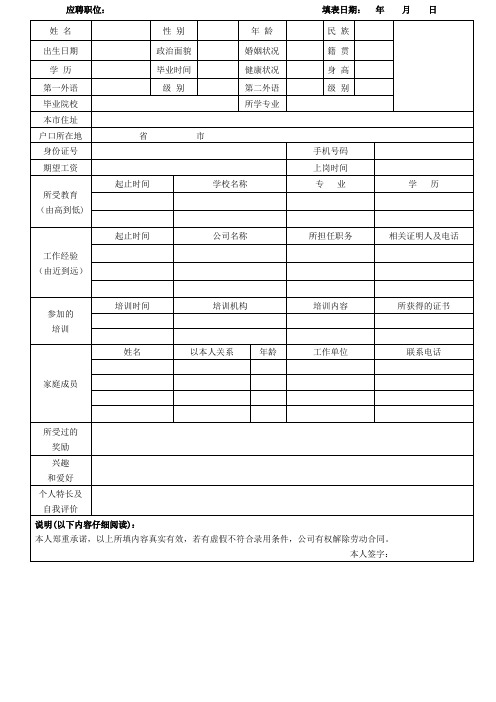 应聘职位填表日期 年月日