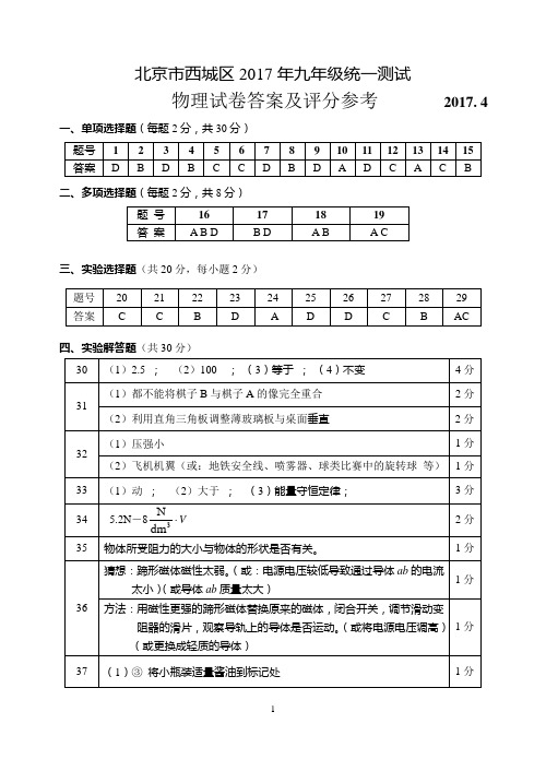 2017.4西城一模物理答案
