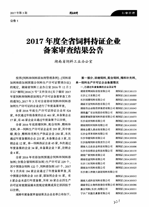 2017年度全省饲料持证企业备案审查结果公告