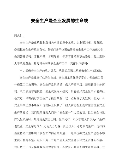 讲话：安全生产是企业发展的生命线