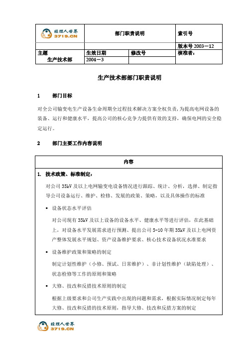 电力行业-供电公司部门职能-生产技术部(doc)