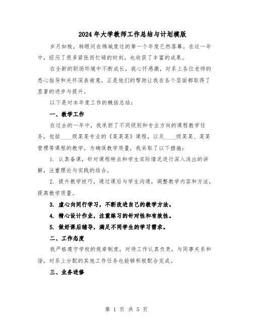 2024年大学教师工作总结与计划模版（3篇）