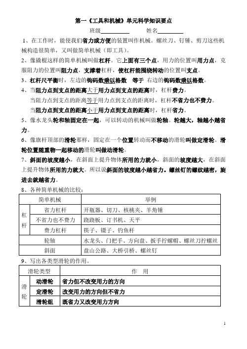 六年级上科学知识点复习