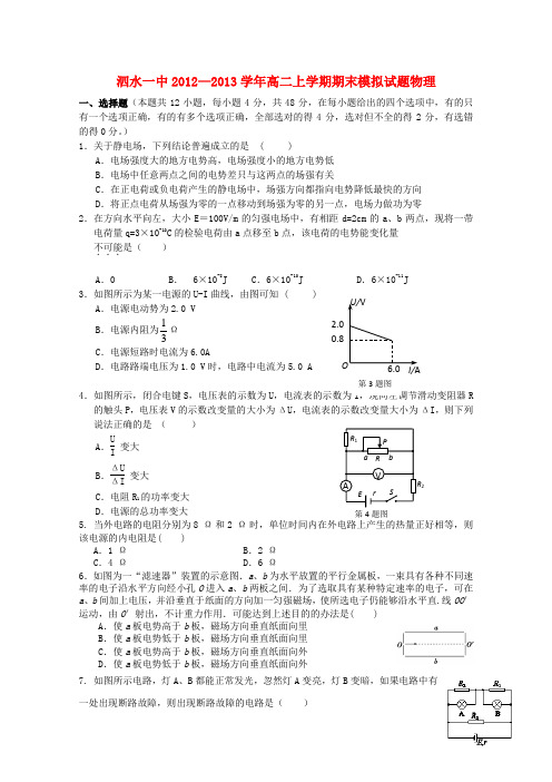 山东省济宁市泗水县高二物理上学期期末模拟新人教版