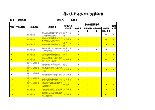 作业人员不安全行为辨识汇总表