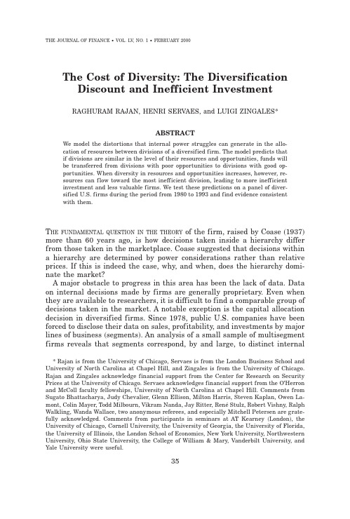The  Cost  of  Diversity：the Diversification Discount and Inefficient Investment