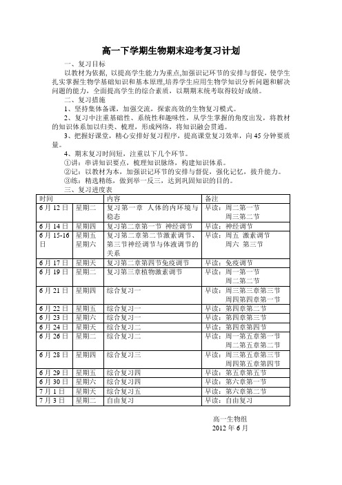 高一下学期期末复习计划