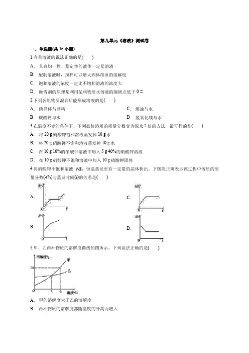 2020年度化学人教版本中考复习题第九单元《溶液》测试卷