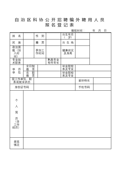 自治区科协公开招聘编外聘用人员报名登记表【模板】