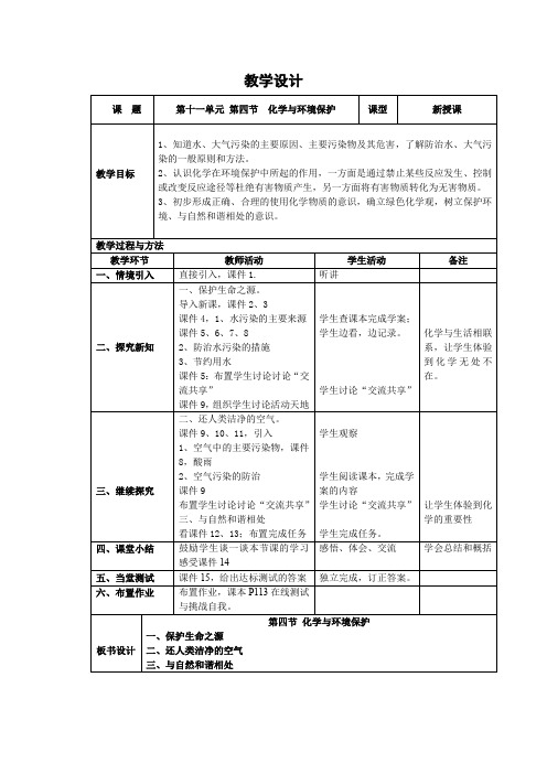 初中化学_初中化学第十一单元第四节化学与环境保护教学设计学情分析教材分析课后反思