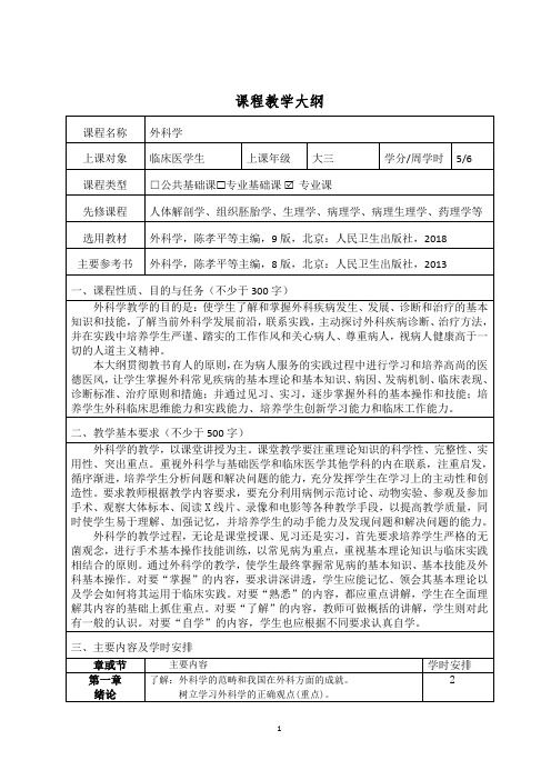 第九版 外科学 教学大纲
