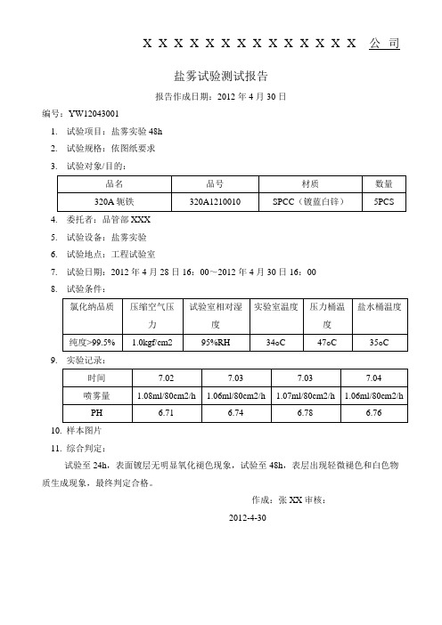 盐雾试验测试报告范本