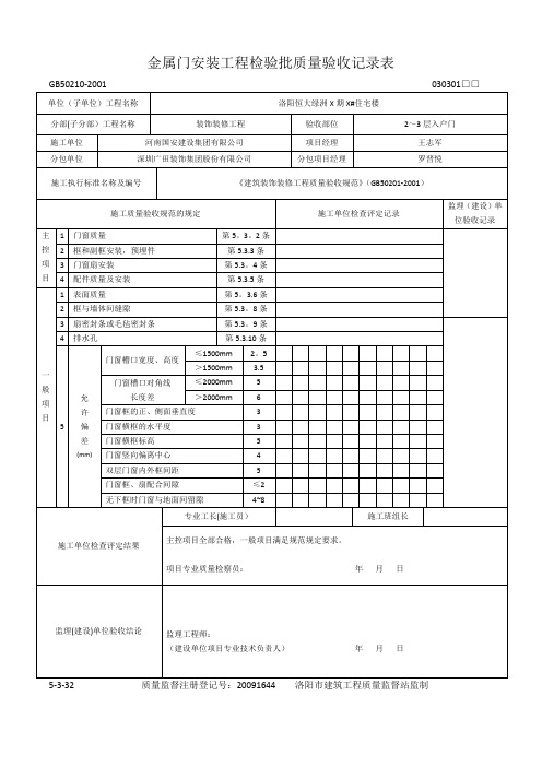 金属门安装工程检验批质量验收记录