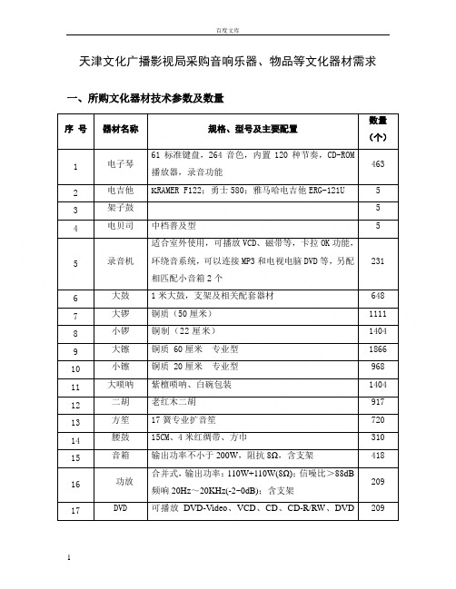 天津文化广播影视局采购音响乐器、物品等文化器材需求