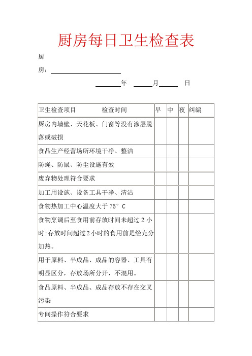 厨房每日卫生检查表