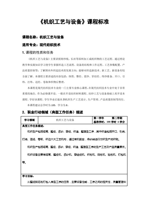 机织工艺与设备专业课程标准(定稿)