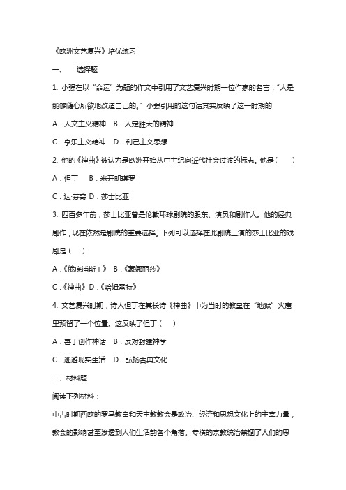 九年级历史上册第三单元近代早期的西欧第12课欧洲文艺复兴培优练习76