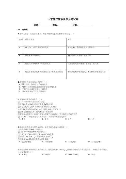 山东高三高中化学月考试卷带答案解析
