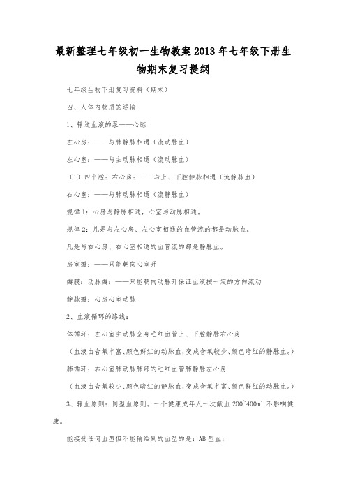 最新整理七年级初一生物2013年七年级下册生物期末复习提纲.docx