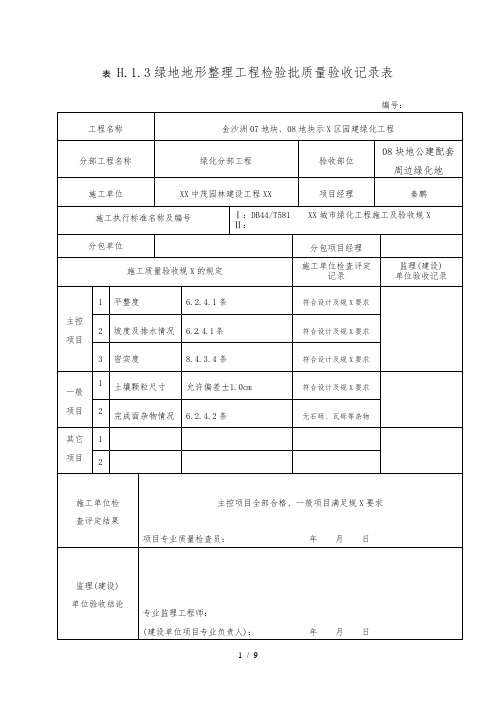 绿地地形整理工程检验批质量验收记录表