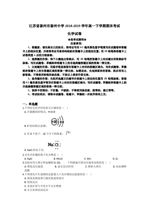 2018-2019学年江苏省泰州市泰州中学高一下学期期末考试化学试题