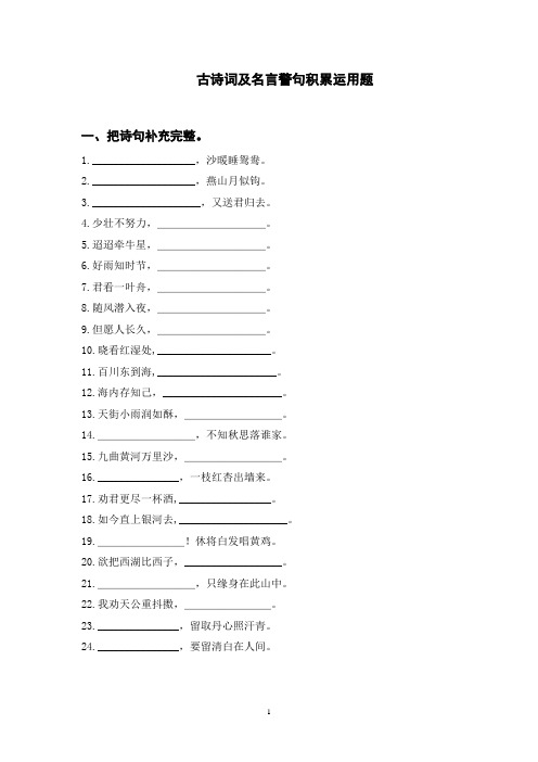 部编版六年级语文下册期末总复习  古诗词及名言警句积累运用题(含参考答案)